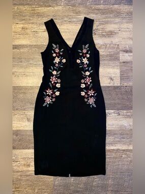 Haute Monde Black Midi Dress with Multicolor Floral Embroidery